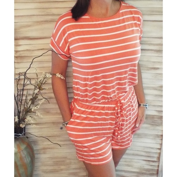 Striped Romper Shorts Pockets Keyhole Elastic Waist 2020 - Picture 5 of 6